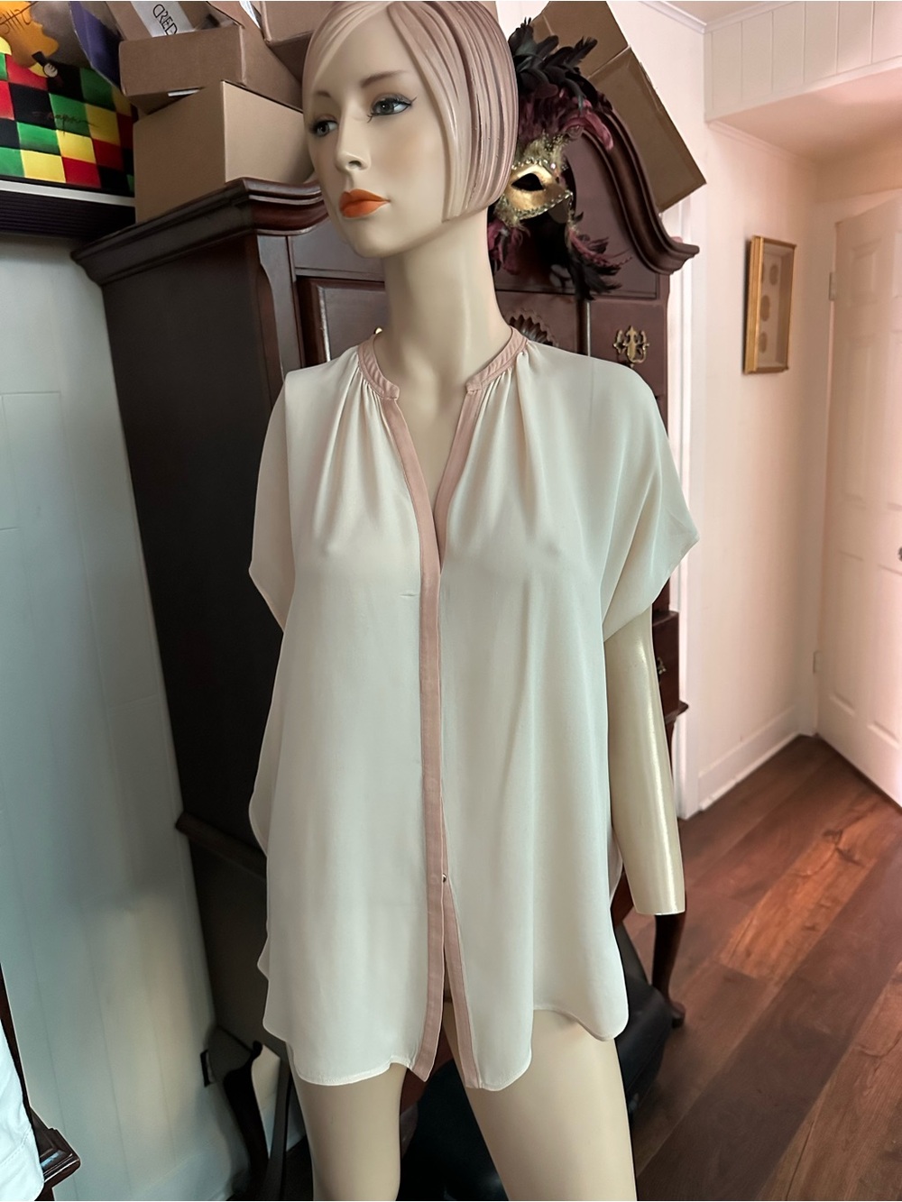 Vince Cream Blouse with Soft Pink Trim
